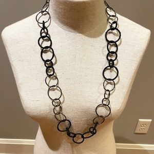 Gun metal and black fabric circle necklace